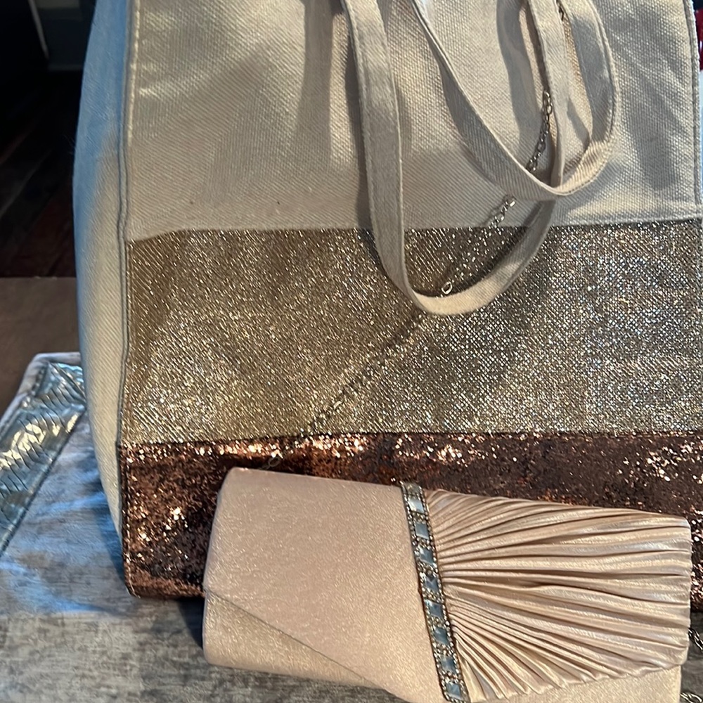 Clarinet tote bag & beige evening crossover clutch